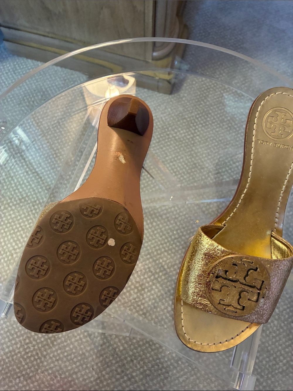 Tory Burch Metallic Gold Logo Slide Mules - Picture 4 of 4